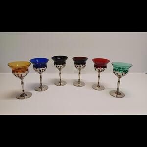 Vintage Colorful Art Deco Cocktail Glass Set with Chrome Stems‎